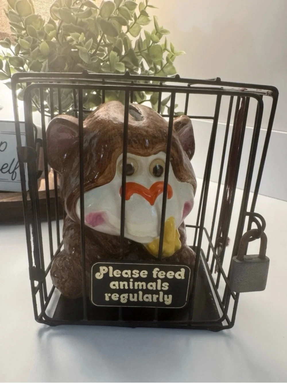 Vintage Gorilla Coin Bank in Cage w/Lock Taiwan “Please Feed Animals” Jail Bank